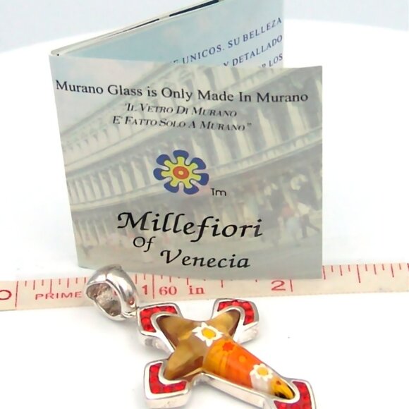 Sterling Silver Millefiori Cross Pendant Red Crystal Handmade Murano Alan K - Picture 5 of 6